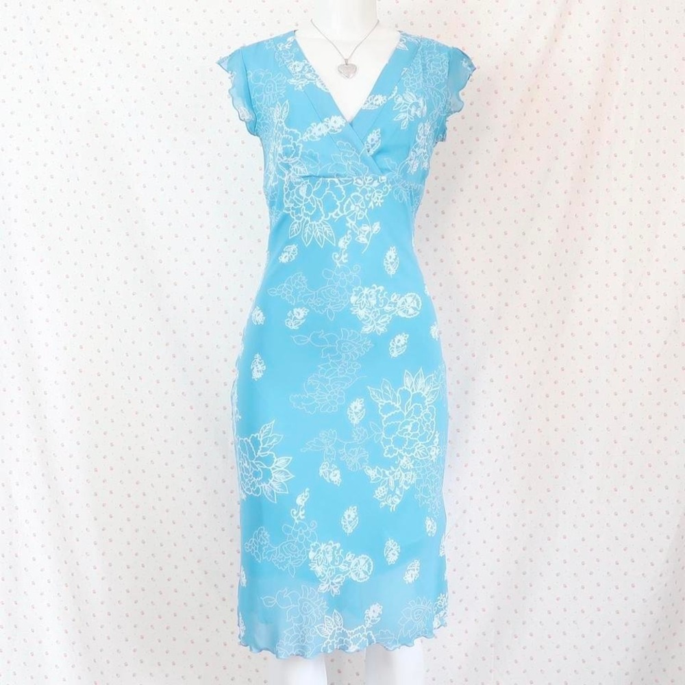 Vintage babydoll Blue Floral Chiffon Midi Dress Y2K Fairycore Coquette